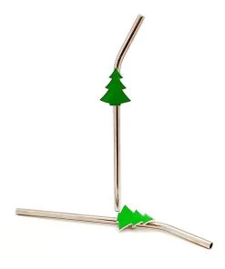 Budget 🔥 Bars 🔔 Christmas Tree Pendant Straws W/ Brush - Stainless Steel - Set Of 2 ✨
