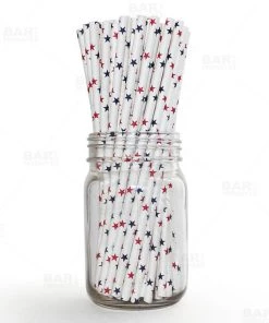 Promo ❤️ Bars BarConic® Biodegradable American Stars Pattern Paper Straws - 7 3/4" - 100 Pack 🌟