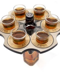 Cheapest ✨ Bars 6-Shooter Wood Shot Glass Serving Tray And Bottle Topper - "Revolver Cylinder" 😀