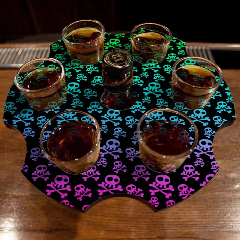 Outlet 😍 Bars 6-Shooter Wood Shot Glass Caddy Tray And Bottle Topper - "Skulls And Bones" ❤️ 2 Outlet 😍 Bars 6-Shooter Wood Shot Glass Caddy Tray And Bottle Topper - "Skulls And Bones" ❤️ - Image 2